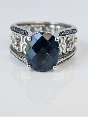 Authentic London Blue Topaz & Blue Diamond Ring Sterling Silver Sz 8!